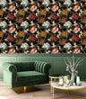 Load image into Gallery viewer, Vintage floral botanical bird fabric peel and stick wallpaper with green chair and coffee table

