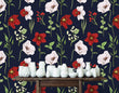 Load image into Gallery viewer, Victorian antique dark floral fabric peel and stick wallpaper with table and white vases
