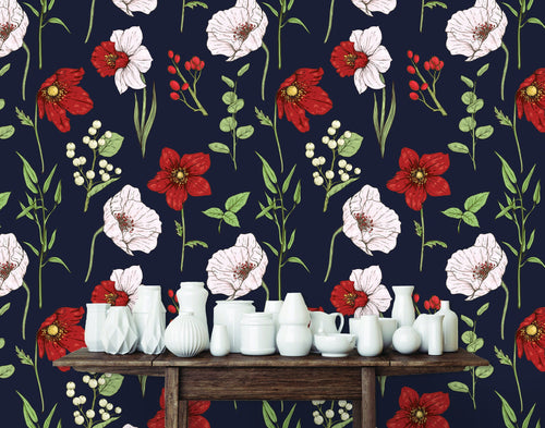 Victorian antique dark floral fabric peel and stick wallpaper with table and white vases