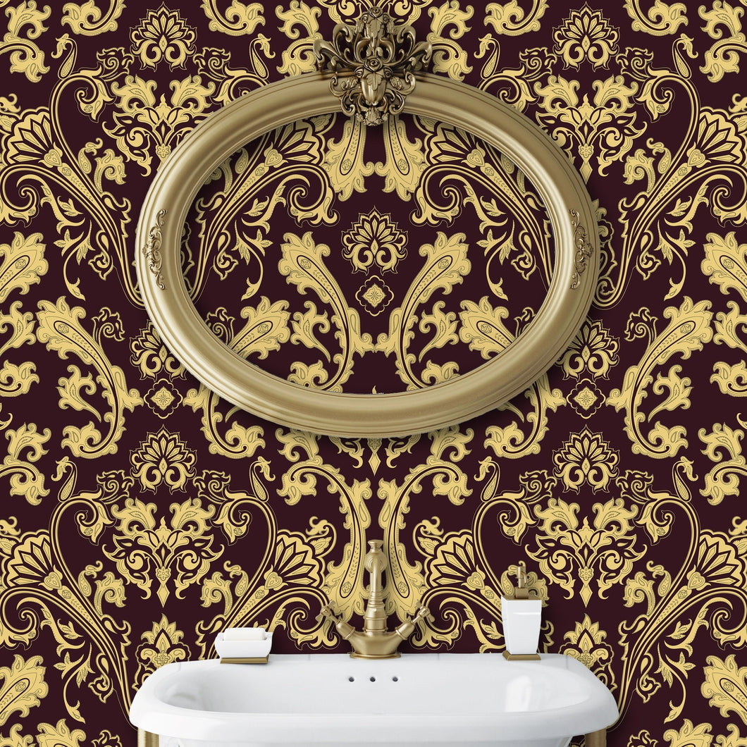 Bellshaugh Gardens Gold Victorian Damask Peel and Stick Wallpaper