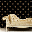 Load image into Gallery viewer, Black and gold vintage Art Deco geometric fabric peel and stick wallpaper with gold sofa
