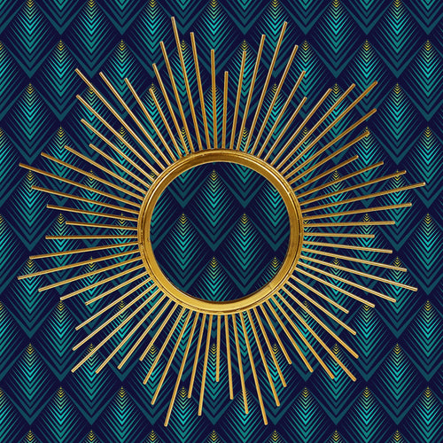 Blue and gold Art Deco geometric peacock fabric fabric peel and stick wallpaper with gold mirror