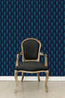 Load image into Gallery viewer, Blue and gold Art Deco geometric peacock fabric fabric peel and stick wallpaper with black chair

