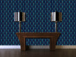 Load image into Gallery viewer, Blue and gold Art Deco geometric peacock fabric fabric peel and stick wallpaper with mantle and lamps
