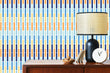 Load image into Gallery viewer, Blue and orange retro Mid-century modern fabric peel and stick wallpaper with cabinet and lamp
