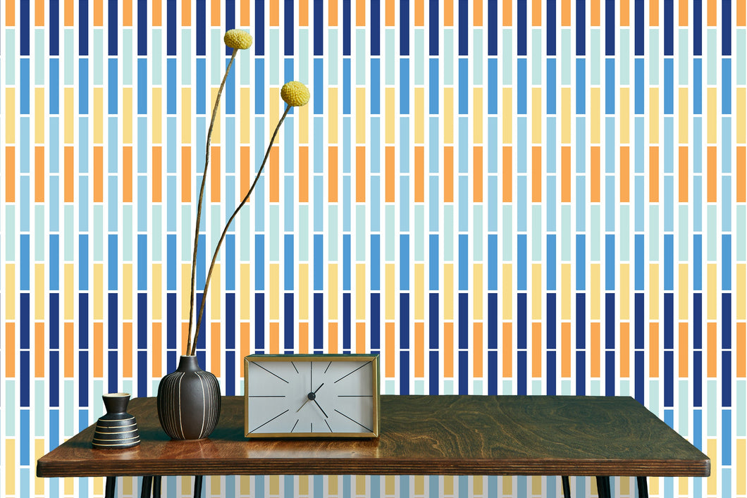 Blue and orange retro Mid-century modern fabric peel and stick wallpaper with table and clock