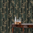 Load image into Gallery viewer, Grey and gold geometric Art Deco fabric peel and stick wallpaper with table and gold jars
