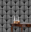 Load image into Gallery viewer, Black and white eclectic geometric Art Deco fabric peel and stick wallpaper with table and gold jars
