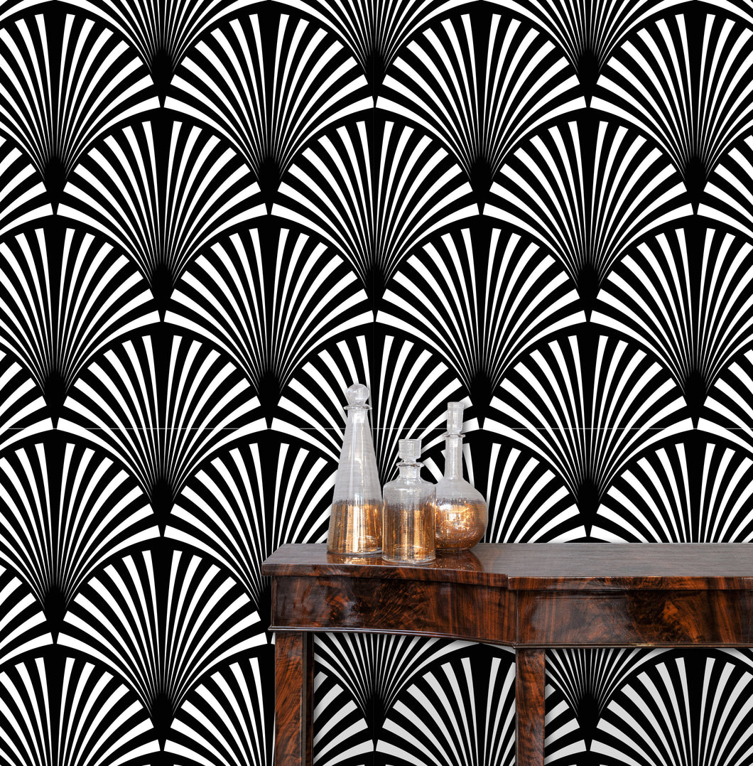 Black and white eclectic geometric Art Deco fabric peel and stick wallpaper with table and gold jars