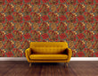 Load image into Gallery viewer, Gothic dragon floral fabric peel and stick wallpaper with orange sofa
