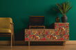 Load image into Gallery viewer, Gothic dragon floral fabric peel and stick wallpaper with vintage radio, plant and chair

