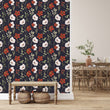 Load image into Gallery viewer, Victorian antique dark floral fabric peel and stick wallpaper with bench and baskets
