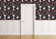 Load image into Gallery viewer, Victorian antique dark floral fabric peel and stick wallpaper on wall in room with door

