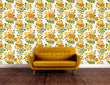Load image into Gallery viewer, Orange vintage antique Victorian cottage floral fabric peel and stick wallpaper with yellow sofa
