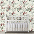 Load image into Gallery viewer, Purple lavender antique vintage cottage botanical fabric peel and stick wallpaper with crib in girl nursery
