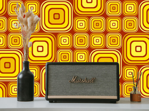 Orange vintage retro bold geometric fabric peel and stick wallpaper with vintage radio and vase