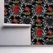 Load image into Gallery viewer, Victorian gothic fairytale queen of hearts fabric peel and stick wallpaper on wall partially rolled up
