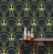 Load image into Gallery viewer, Black and gold vintage antique Art Deco fabric peel and stick wallpaper with table and gold bottles
