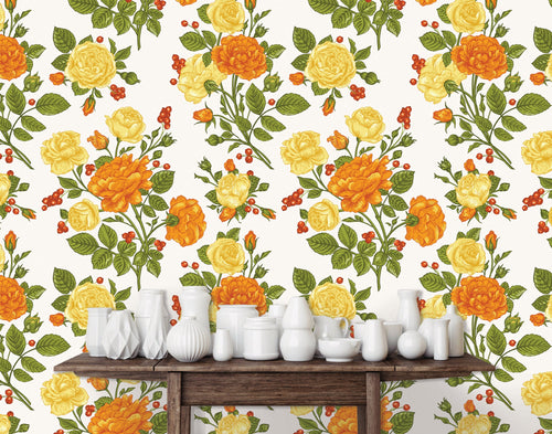 Orange vintage antique Victorian cottage floral fabric peel and stick wallpaper with table and white vases