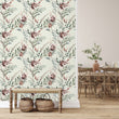 Load image into Gallery viewer, Purple lavender antique vintage cottage botanical fabric peel and stick wallpaper with wicker bench and baskets
