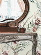 Load image into Gallery viewer, Purple lavender antique vintage cottage botanical fabric peel and stick wallpaper with mirror and table
