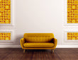 Load image into Gallery viewer, Orange vintage retro bold geometric fabric peel and stick wallpaper with orange sofa
