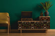 Load image into Gallery viewer, Dark mushroom cottagcore fairytale forest animals fabric peel and stick wallpaper on vintage record player with plant and chair
