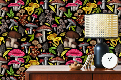 Pink and yellow dark mushroom cottagecore garden fabric peel and stick wallpaper with cabinet, lamp and clock