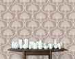 Load image into Gallery viewer, Pink Victorian antique damask fabric peel and stick wallpaper with table and white vases
