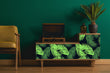 Load image into Gallery viewer, Neon green tropical palm leaves fabric peel and stick wallpaper on vintage radio with plant and chair
