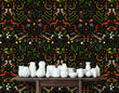 Load image into Gallery viewer, Dark mushroom cottagcore fairytale forest animals fabric peel and stick wallpaper with table and white vases
