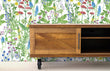 Load image into Gallery viewer, Green and blue wildflower garden cottage fabric peel and stick wallpaper with cabinet
