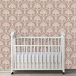Load image into Gallery viewer, Pink Victorian antique damask fabric peel and stick wallpaper in girls nursery with crib
