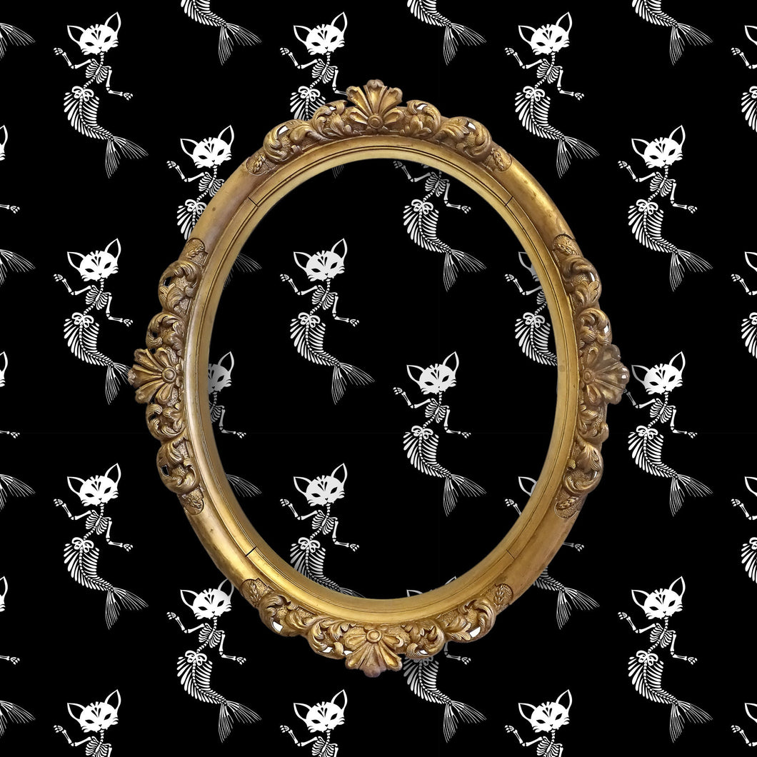 Black gothic skeleton mermaid cat fabric peel and stick wallpaper with gold mirror