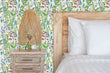 Load image into Gallery viewer, Green and blue wildflower garden cottage fabric peel and stick wallpaper with bed, nightstand and lamp

