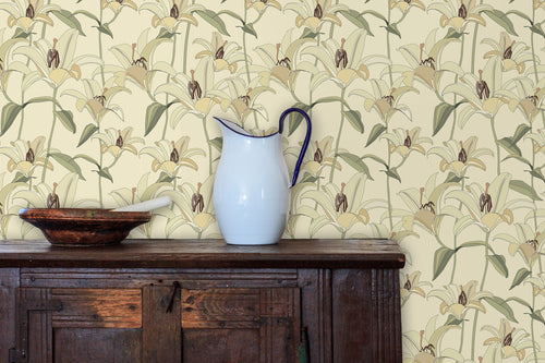 Farmhouse cottage botanical floral fabric peel and stick wallpaper with cabinet, water pitcher and bowl