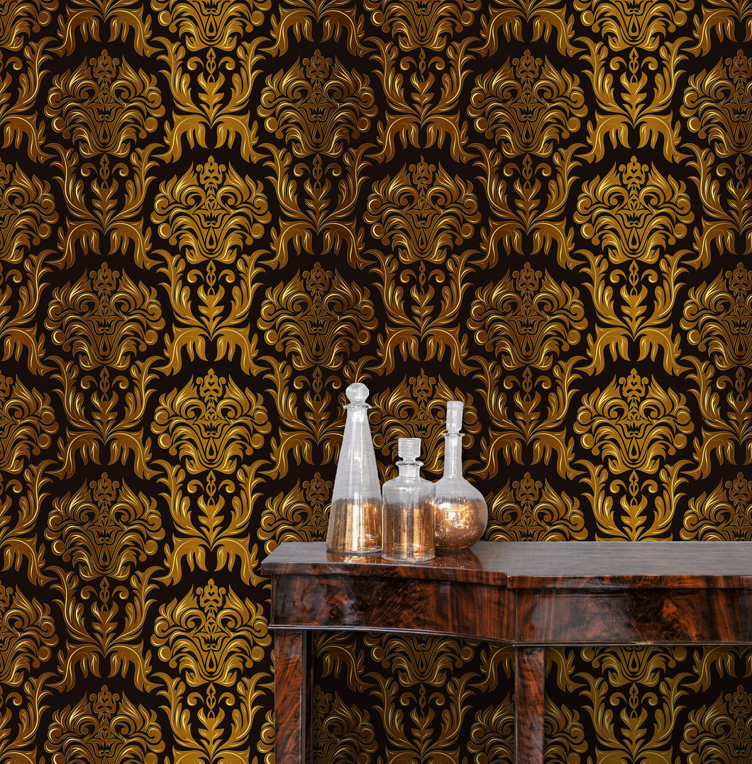 Black and gold Victorian gothic damask fabric peel and stick wallpaper with table and gold jars