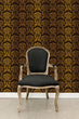 Load image into Gallery viewer, Black and gold Victorian gothic damask fabric peel and stick wallpaper with black chair
