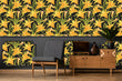 Load image into Gallery viewer, Yellow lily floral botanical fabric peel and stick wallpaper with vintage record player, plant and chair
