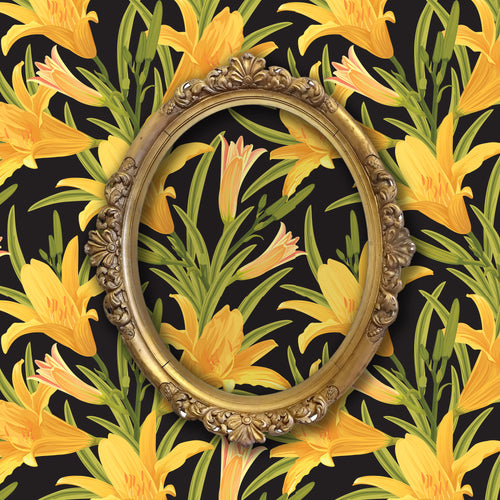 Yellow lily floral botanical fabric peel and stick wallpaper with gold mirror