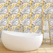 Load image into Gallery viewer, Yellow and grey botanical floral fabric peel and stick wallpaper in bathroom with bathtub and ladder
