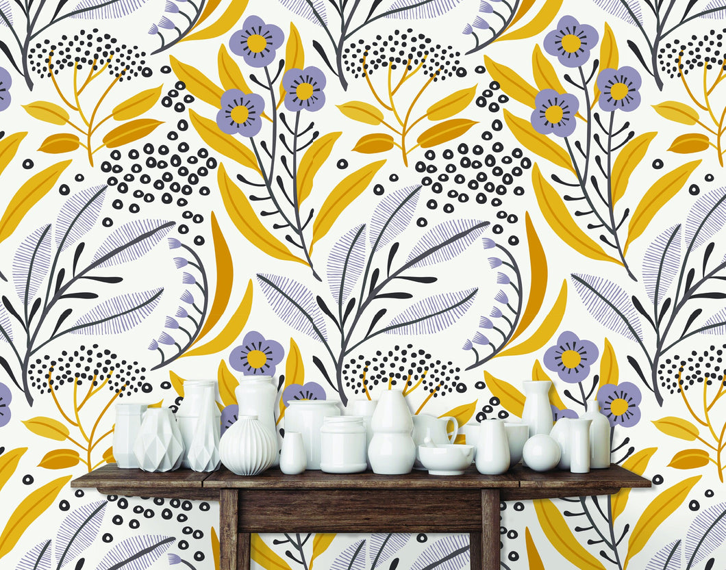 Yellow and grey botanical floral fabric peel and stick wallpaper with table and white vases