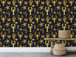 Load image into Gallery viewer, Blue and gold lobster and starfish nautical fabric peel and stick wallpaper with bench and baskets
