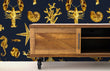 Load image into Gallery viewer, Blue and gold lobster and starfish nautical fabric peel and stick wallpaper with cabinet
