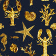 Load image into Gallery viewer, Blue and gold lobster and starfish nautical fabric peel and stick wallpaper sample
