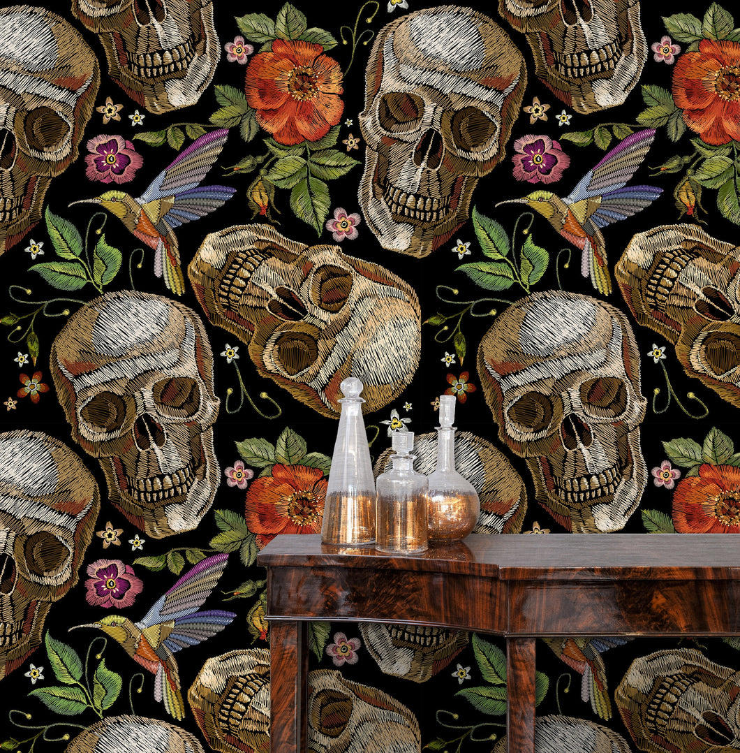 Black skull gothic bird botanical fabric peel and stick wallpaper with table and gold jars