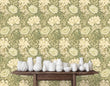 Load image into Gallery viewer, Vintage Art Nouveau floral antique fabric peel and stick wallpaper with table and white jars
