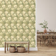 Load image into Gallery viewer, Vintage Art Nouveau floral antique fabric peel and stick wallpaper on wall with bench and baskets
