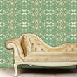 Load image into Gallery viewer, Blue and gold antique Victorian Art Deco fabric peel and stick wallpaper with gold sofa
