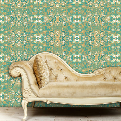 Blue and gold antique Victorian Art Deco fabric peel and stick wallpaper with gold sofa